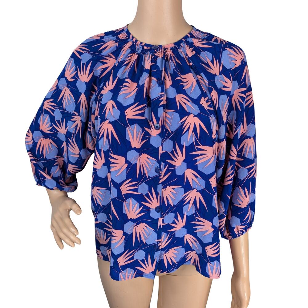 Tucker Silk Chiffon Smocked Blouse Blue Pink Geometric Abstract Print Top Size S